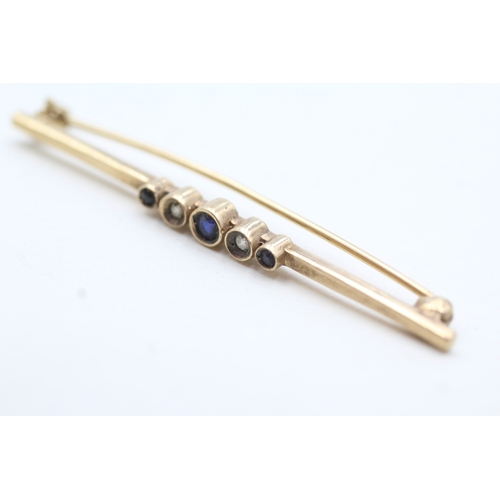 75 - 9ct gold vintage sapphire & diamond bar brooch (2.9g)