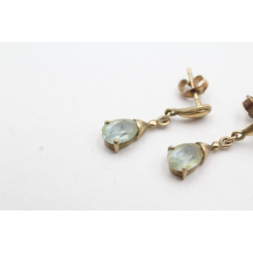 77 - 9ct gold pear cut blue gemstone drop earrings (1.6g)