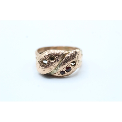 89 - 9ct gold antique garnet double coiled snake ring (as seen) (5.1g) Size N