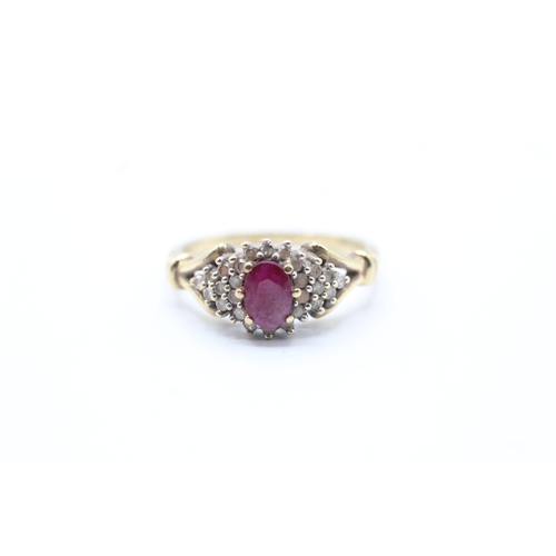 99 - 9ct gold ruby and diamond halo set ring (3.2g) Size O