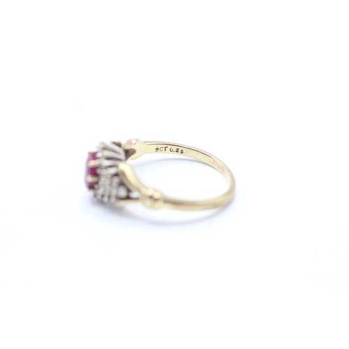 99 - 9ct gold ruby and diamond halo set ring (3.2g) Size O