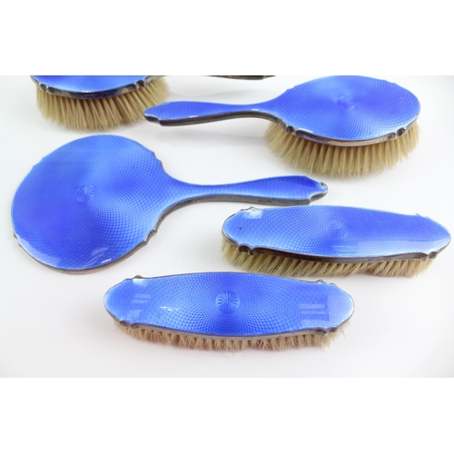 365 - 5 x 1928 Birmingham Sterling Silver Blue Guilloche Enamel Vanity Set (842g)