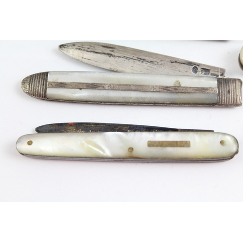 374 - 5 x Antique Hallmarked .925 Sterling Silver MOP Fruit Knives (104g)