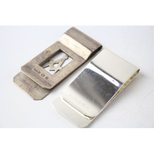 382 - 2 x Hallmarked .925 Sterling Silver Gents Money Clips Inc Vintage, Masonic 34g