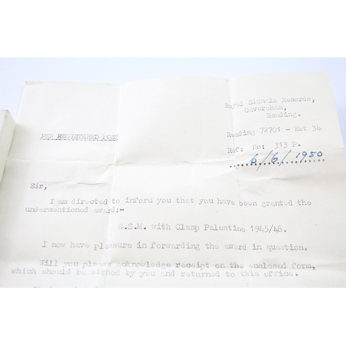 389 - Boxed GVI GSM Palestine 1945-48 14150480 Sign A.G.W Johnson R. Signals