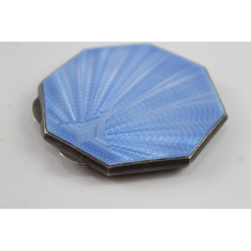 356 - Vintage 1947 Birmingham Sterling Silver Blue Guilloche Enamel Compact (80g)