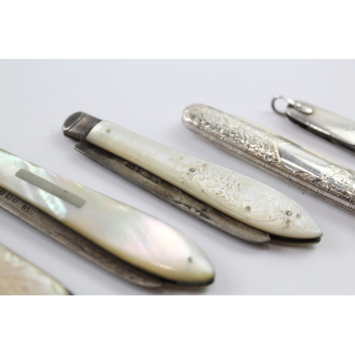 371 - 5 x Antique / Vintage Hallmarked .925 Sterling Silver Knives Inc MOP, Fruit 107g