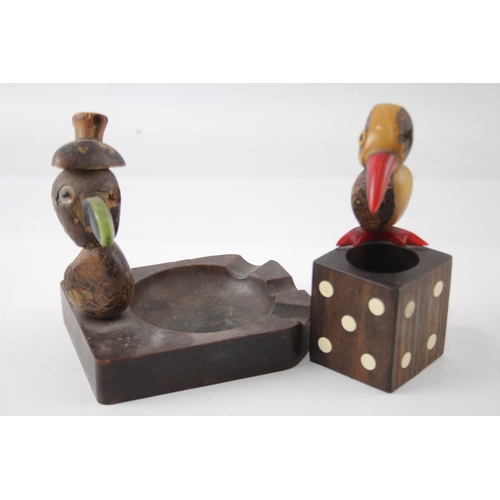 406 - Pair Of 1920s Nutbirds Made From Tagua Nut, Ebony & Cherry, One Glass Eye Each