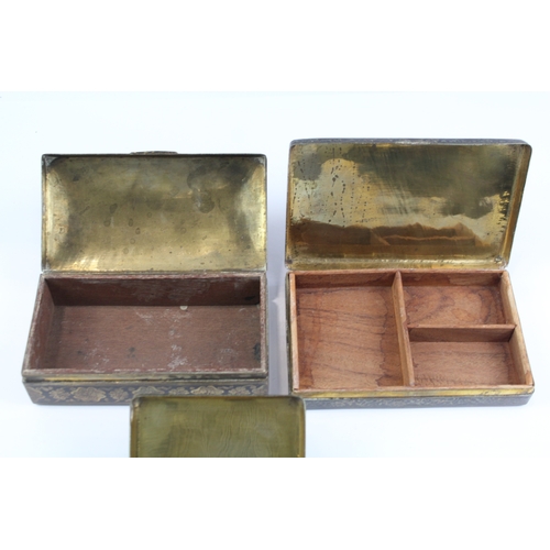 407 - Antique Vintage Brass Boxes Floral Pattern Enamelling x 3