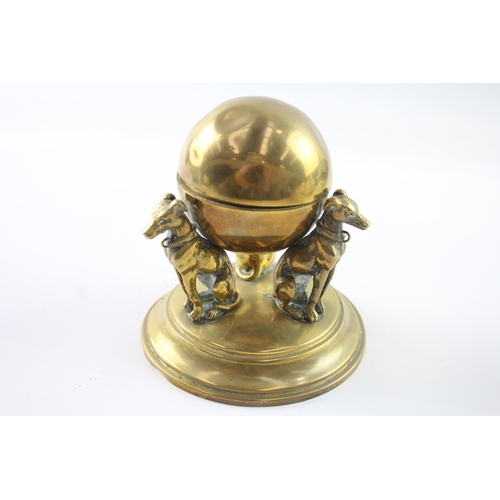 409 - Antique Brass Greyhound Sphere Inkwell