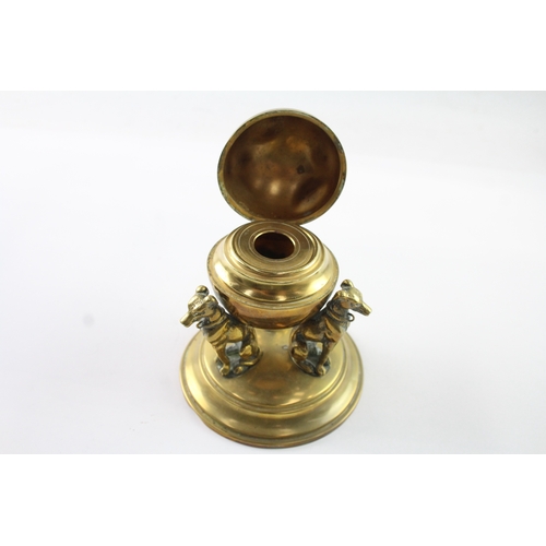 409 - Antique Brass Greyhound Sphere Inkwell