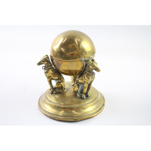 409 - Antique Brass Greyhound Sphere Inkwell