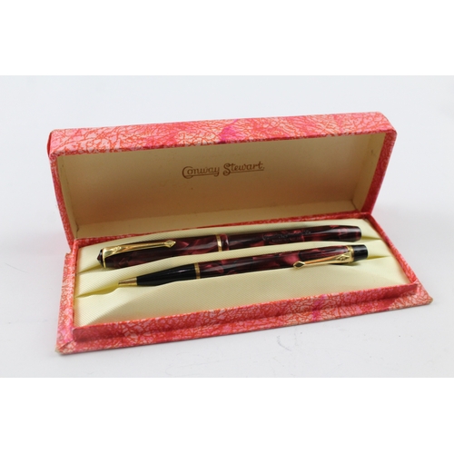 480 - Vintage Conway Stewart 15 Burgundy Fountain Pen w/ 14ct Gold Nib, Pencil, Box