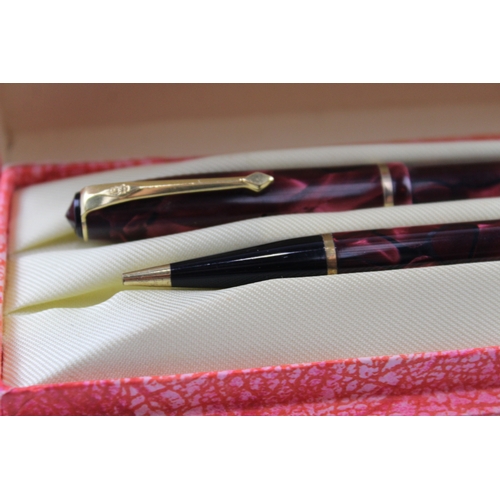 480 - Vintage Conway Stewart 15 Burgundy Fountain Pen w/ 14ct Gold Nib, Pencil, Box