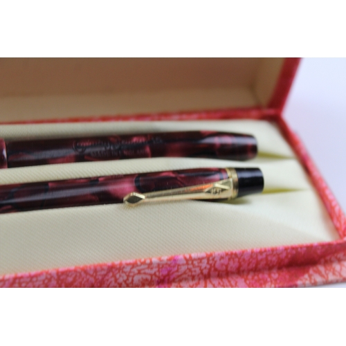 480 - Vintage Conway Stewart 15 Burgundy Fountain Pen w/ 14ct Gold Nib, Pencil, Box