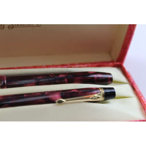 480 - Vintage Conway Stewart 15 Burgundy Fountain Pen w/ 14ct Gold Nib, Pencil, Box