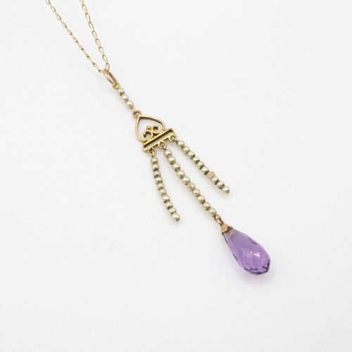 131 - 9ct gold faux pearl and amethyst drop pendant and chain (2.5g)