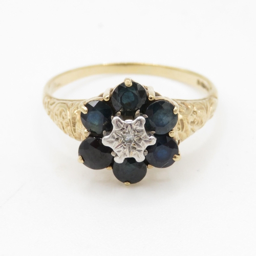 206 - 9ct gold sapphire and diamond flower cluster ring (2.9g) Size S