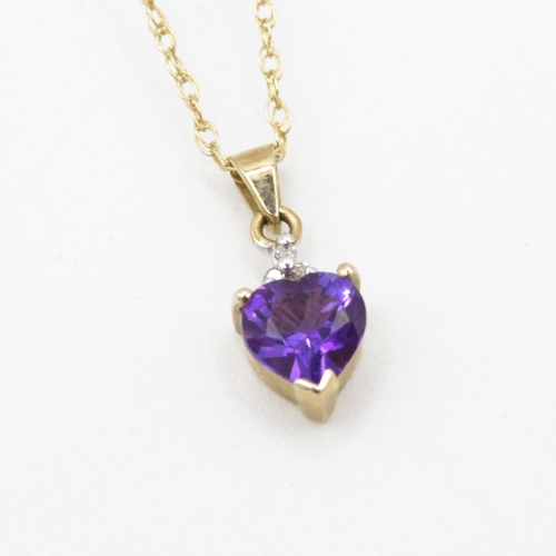 62 - 9ct gold amethyst and diamond heart pendant on chain (1.4g)