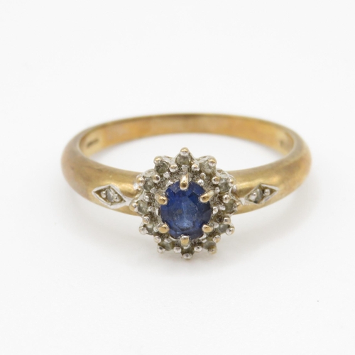 78 - 9ct gold central blue gemstone and diamond surround ring (2.5g) Size N 1/2