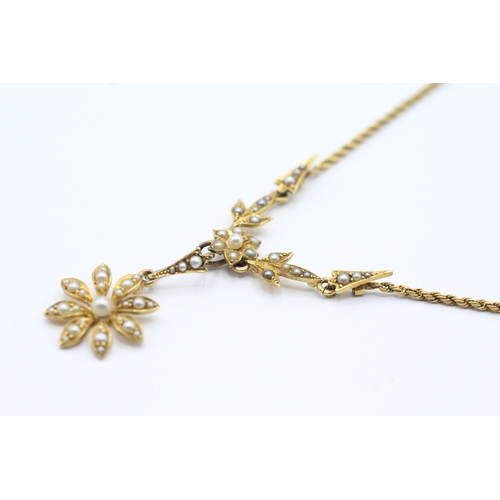 105 - 18ct gold antique seed pearl floral necklace (7.9g)