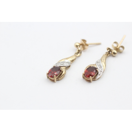 123 - 9ct gold diamond and garnet drop stud earrings (1.7g)