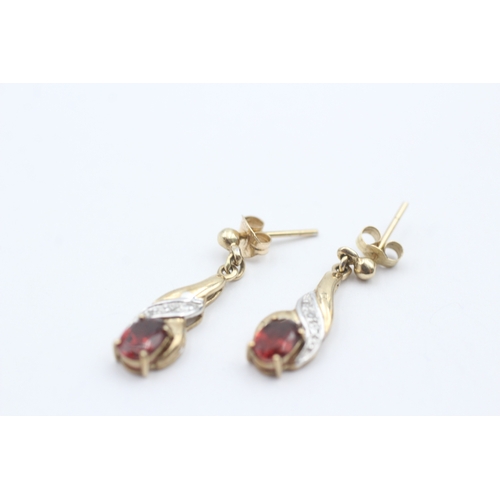 123 - 9ct gold diamond and garnet drop stud earrings (1.7g)