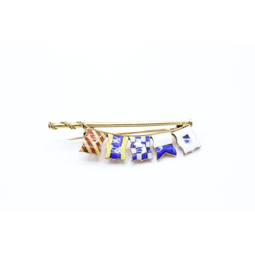 15 - 9ct gold enamel flag bar brooch (4.9g)