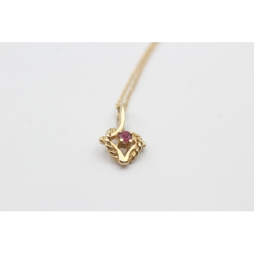 163 - 2 x 9ct gold pink gemstone ring and pendant on chain set (2g) Size K