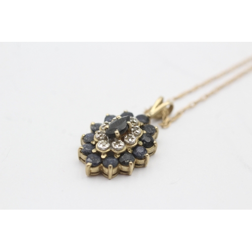 18 - 9ct gold sapphire and diamond pendant on chain (2.6g)