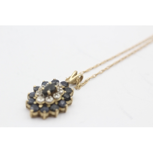 18 - 9ct gold sapphire and diamond pendant on chain (2.6g)