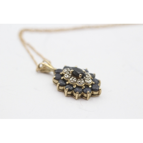 18 - 9ct gold sapphire and diamond pendant on chain (2.6g)