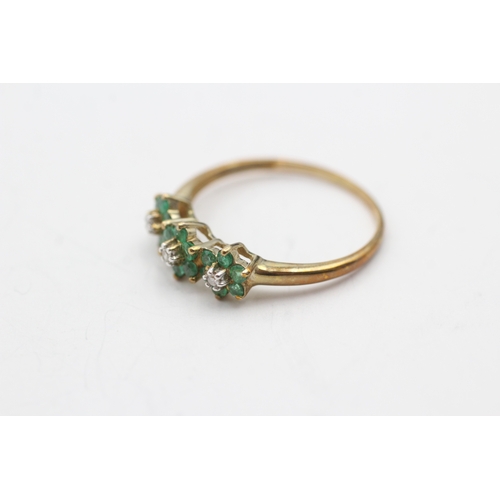 222 - 9ct gold emerald and diamond flower set ring (1.6g) Size R