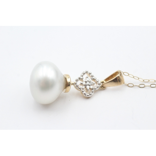 230 - 9ct gold cultured pearl and diamond pendant on chain (4.3g)