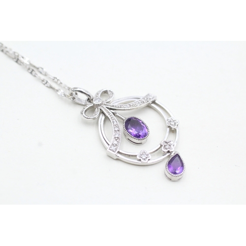 249 - 9ct white gold diamond & amethyst pendant necklace (4.2g)