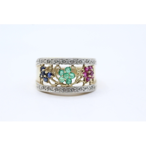 41 - 9ct gold pink, blue, green gemstone and diamond wide ring (3.6g) Size N