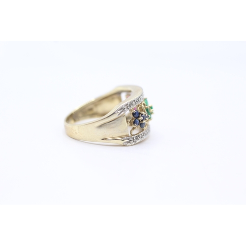 41 - 9ct gold pink, blue, green gemstone and diamond wide ring (3.6g) Size N