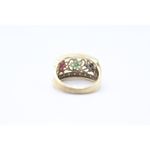 41 - 9ct gold pink, blue, green gemstone and diamond wide ring (3.6g) Size N