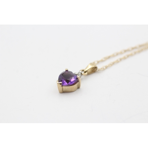 62 - 9ct gold amethyst and diamond heart pendant on chain (1.4g)