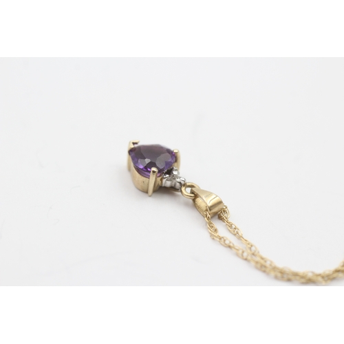 62 - 9ct gold amethyst and diamond heart pendant on chain (1.4g)