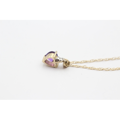 62 - 9ct gold amethyst and diamond heart pendant on chain (1.4g)