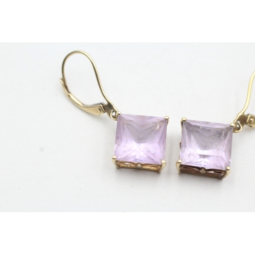 73 - 9ct gold purple gemstone drop earrings (3.8g)