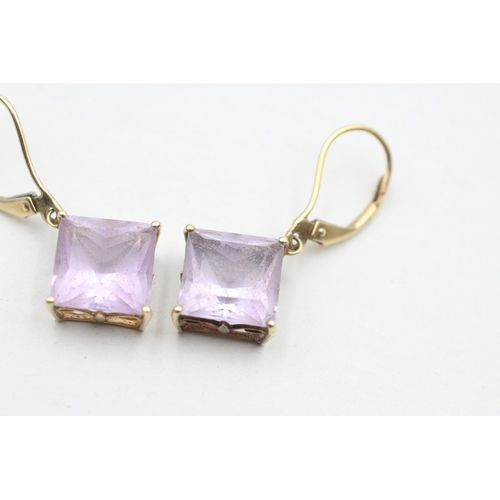 73 - 9ct gold purple gemstone drop earrings (3.8g)