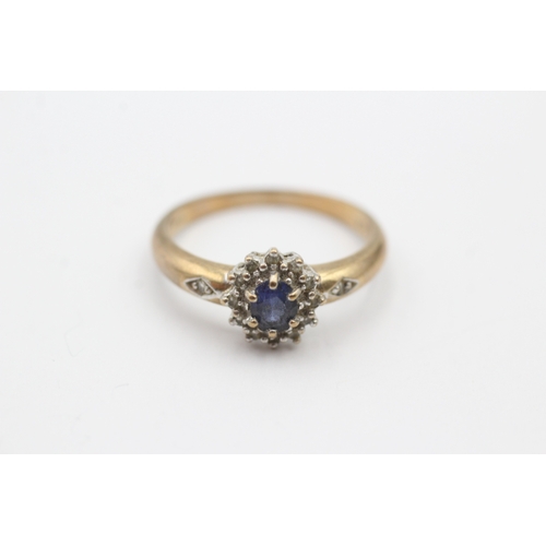 78 - 9ct gold central blue gemstone and diamond surround ring (2.5g) Size N 1/2