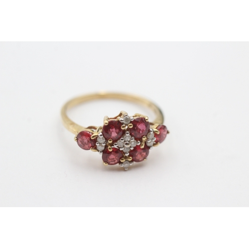 84 - 9ct gold red gemstone and diamond cluster ring (2.1g) Size N 1/2