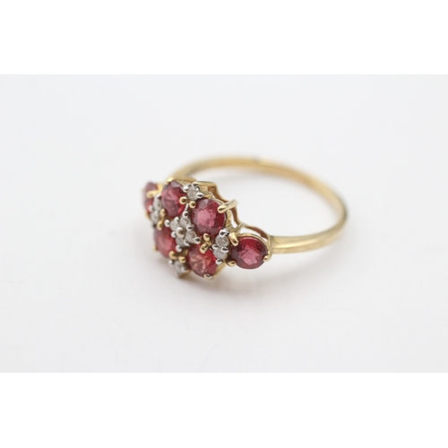 84 - 9ct gold red gemstone and diamond cluster ring (2.1g) Size N 1/2