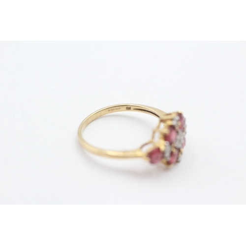 84 - 9ct gold red gemstone and diamond cluster ring (2.1g) Size N 1/2