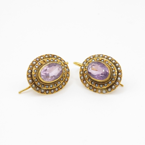 70 - 9ct gold amethyst and split pearl hook drop earrings (3g) Size