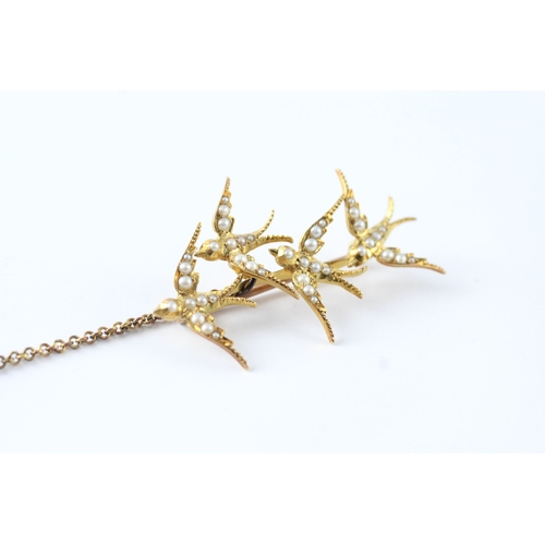 1 - 18ct gold Victorian seed pearl flying swallows brooch (7.4g) Size