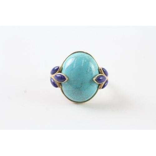 13 - 9ct gold turquoise and lapis lazuli cocktail ring (4.5g) Size L 1/2